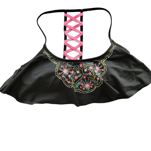 Joe Boxer Black Embroidered Floral Flowy Bikini Top - Picture 1 of 4